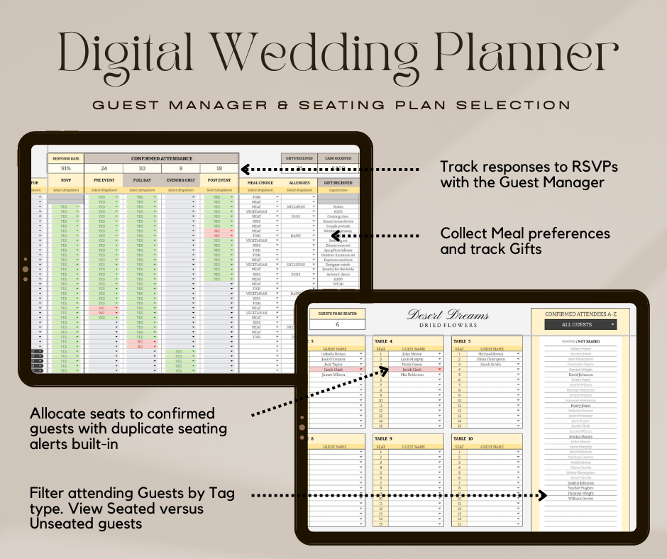 Digital Wedding Planner Spreadsheet Wedding Budget Tracker Wedding Timeline Checklist Guest List Tracker Wedding Itinerary Seating Plan Wedding Gift