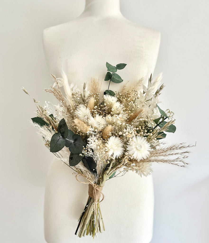 Dried flower bridal wedding bouquet, gypsophilia, eucalyptus, pampas, ruscus, bunny tails - natural tone boho bridal bouquet