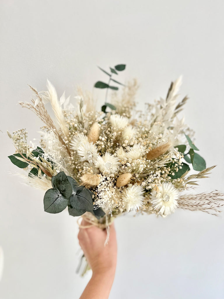 Dried flower bridal wedding bouquet, gypsophilia, eucalyptus, pampas, ruscus, bunny tails - natural tone boho bridal bouquet