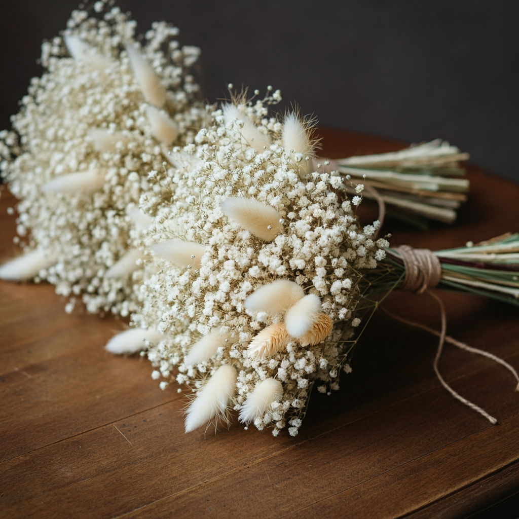 Bridesmaids_Matching_Dried_Bouquet_Gypsophila_Bunny_Tails