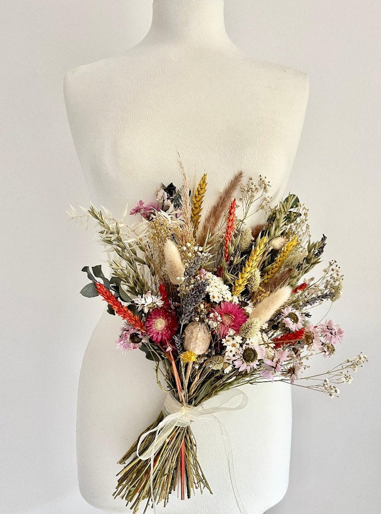 Dried flower bridal wedding bouquet, gypsophilia, eucalyptus, corn, bunny tails, daises - dried wildflower meadow bouquet 