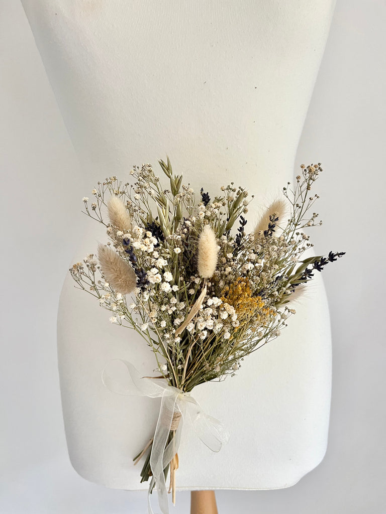 Dried flowergirl wedding bouquet, gypsophila, eucalyptus, corn, bunny tails, daises - dried wildflower girl colourful meadow bouquet