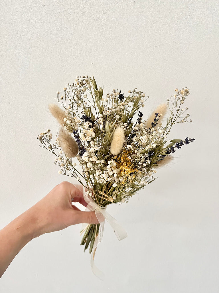 Dried flowergirl wedding bouquet, gypsophila, eucalyptus, corn, bunny tails, daises - dried wildflower girl colourful meadow bouquet