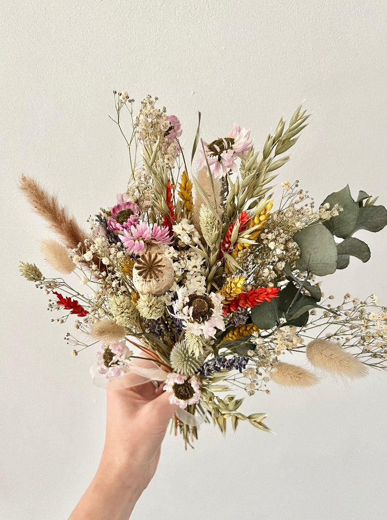 Dried flower bridesmaid wedding bouquet, gypsophilia, eucalyptus, corn, bunny tails, daises - colourful dried wildflower meadow bouquet