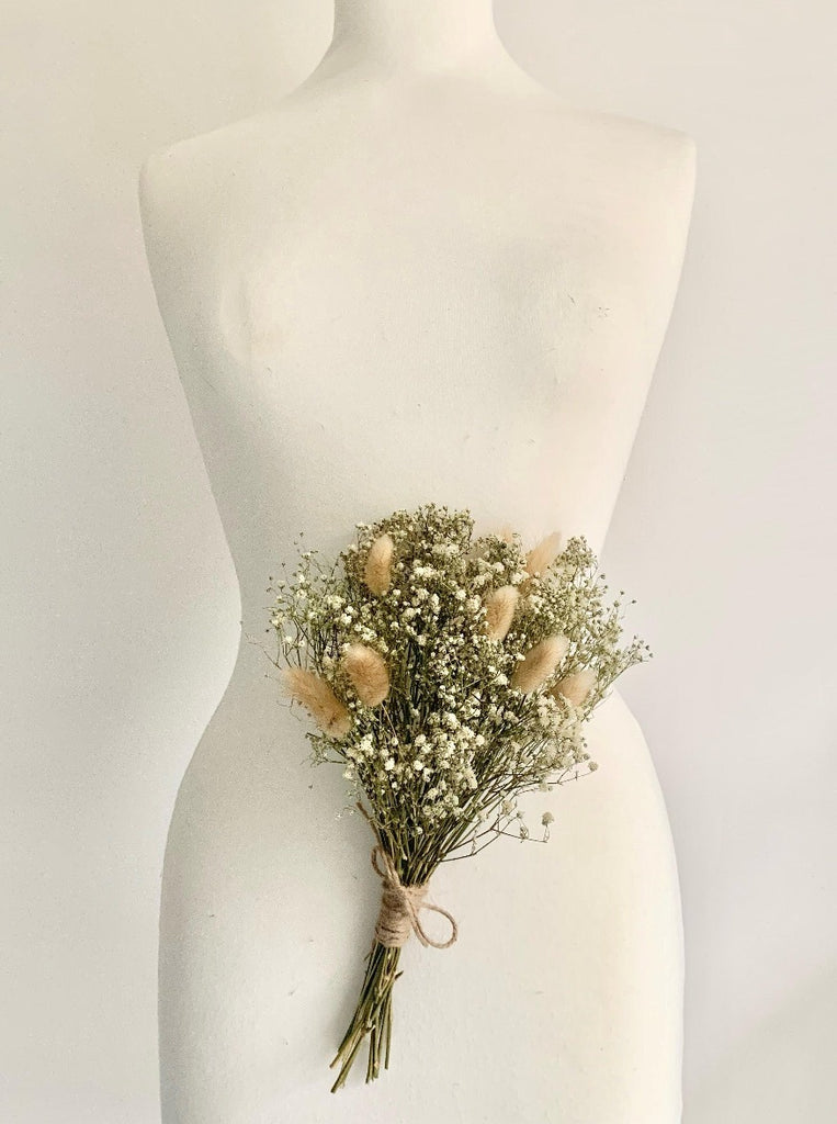 Dried flower girl wedding bouquet, gypsophilia, eucalyptus, pampas, ruscus, bunny tails - natural tone boho flower girl bouquet
