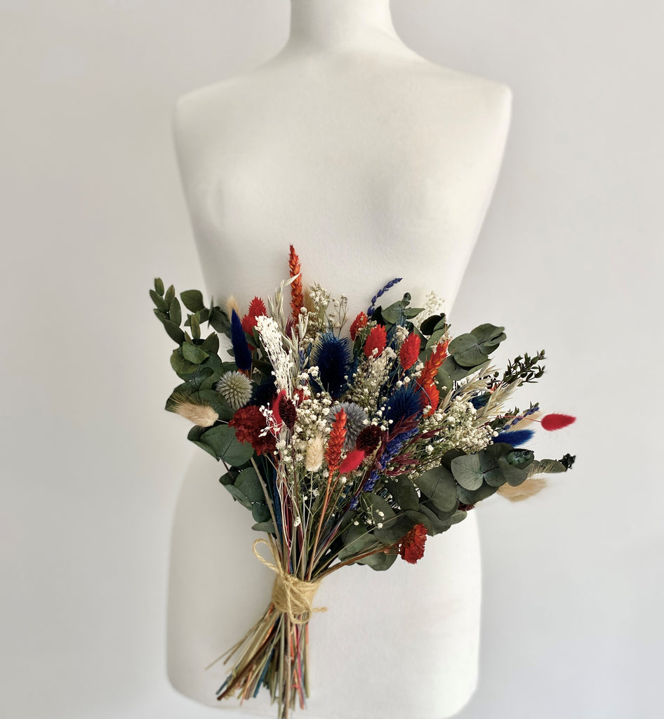 Dried flower bridal wedding bouquet, gypsophilia, eucalyptus, corn, bunny tails, thistles - highland scotland bridal bouquet
