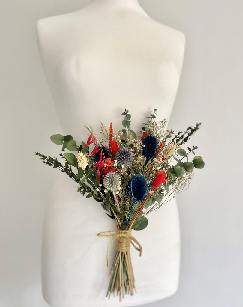 Dried flower bridal wedding bouquet, gypsophila, eucalyptus, corn, bunny tails, thistles - highland scotland bridesmaid bouque
