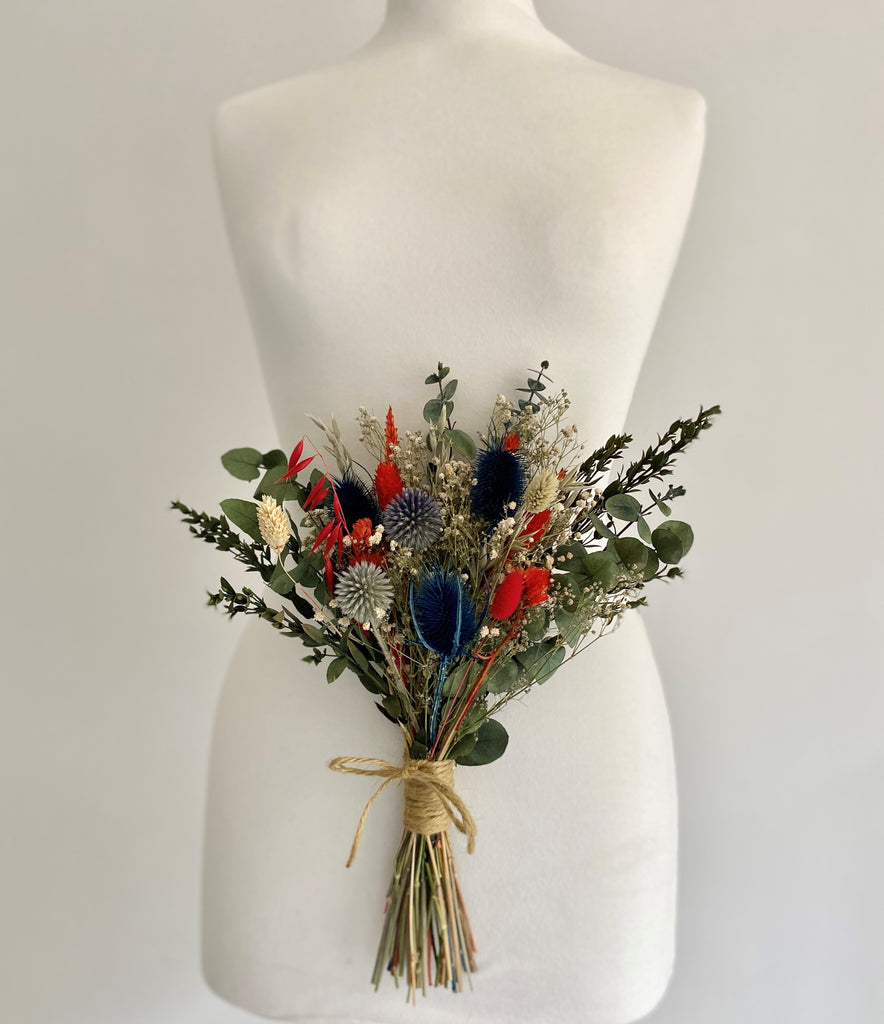 Dried flower bridal wedding bouquet, gypsophila, eucalyptus, corn, bunny tails, thistles - highland scotland bridesmaid bouquet