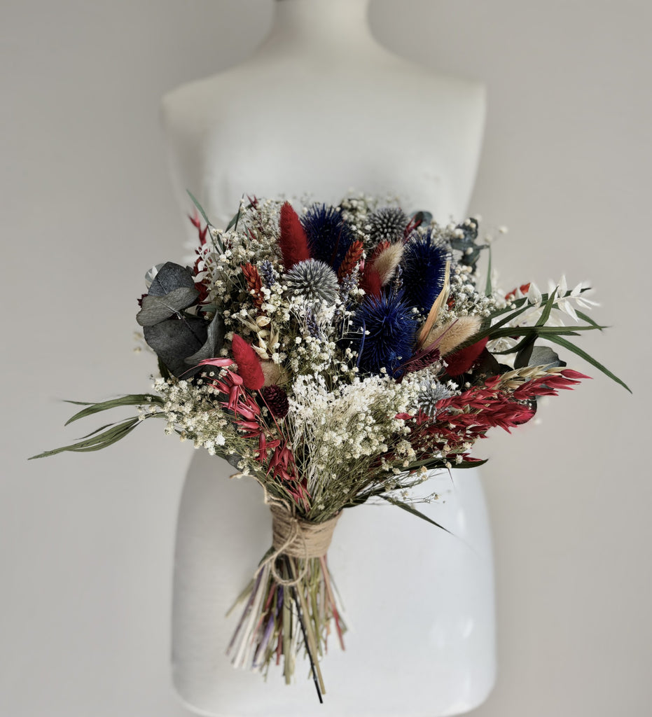 Dried flower bridal wedding bouquet, gypsophila, eucalyptus, corn, bunny tails, thistles - highland scotland scottish bridal bouquet