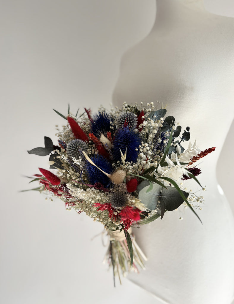 Dried flower bridal wedding bouquet, gypsophila, eucalyptus, corn, bunny tails, thistles - highland scotland scottish bridal bouquet