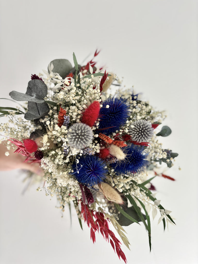 Dried flower bridal wedding bouquet, gypsophila, eucalyptus, corn, bunny tails, thistles - highland scotland scottish bridal bouquet