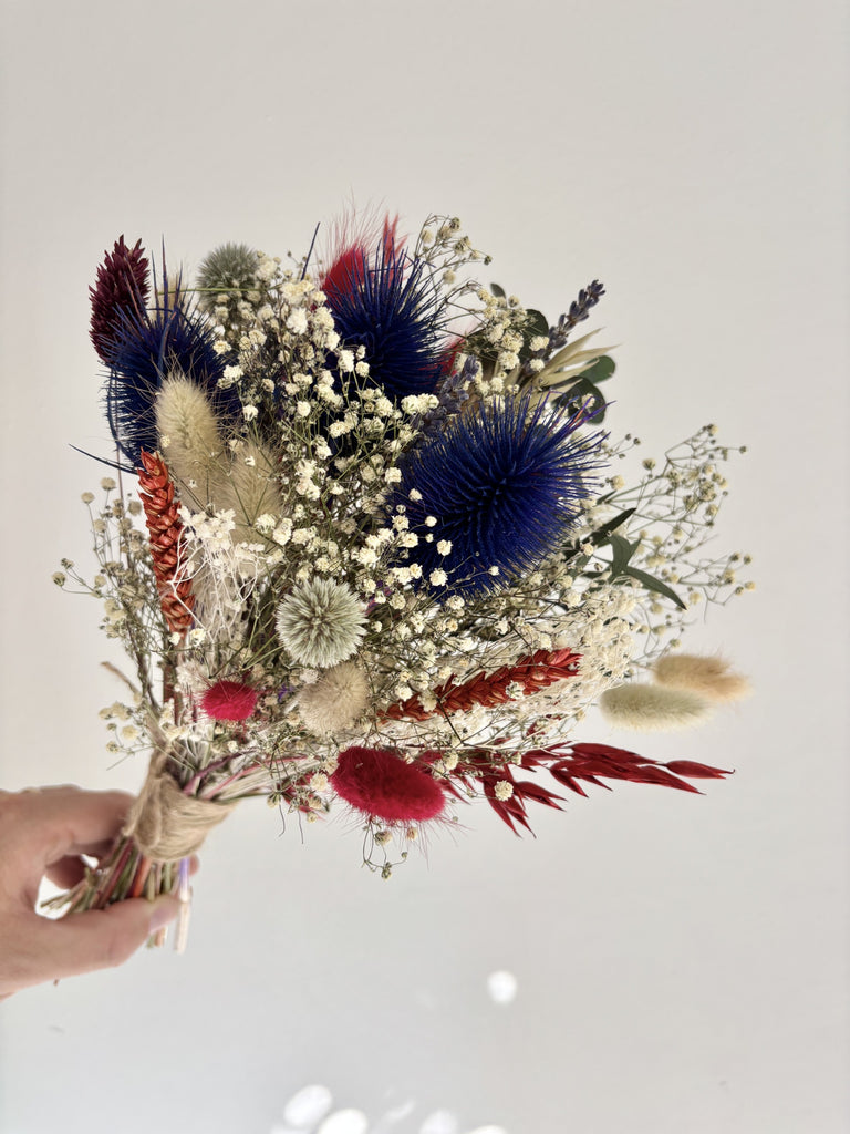 Dried flower bridal wedding bouquet, gypsophila, eucalyptus, corn, bunny tails, thistles - highland scotland bridesmaid bouquet