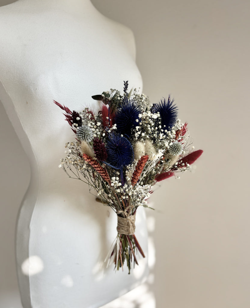 Dried flower bridal wedding bouquet, gypsophila, eucalyptus, corn, bunny tails, thistles - highland scotland bridesmaid bouque