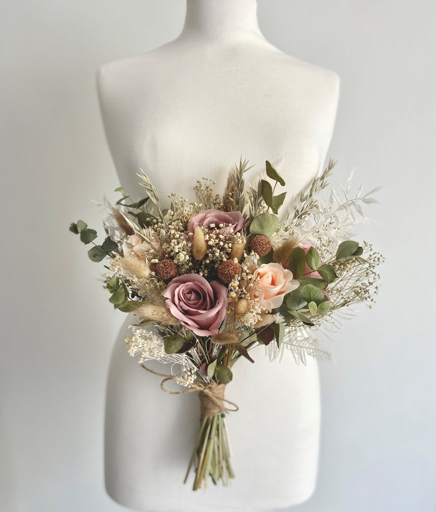 Dried flower bridal wedding blush vintage bridal bouquet, gypsophilia, eucalyptus, palms, roses, pampas, ruscus 