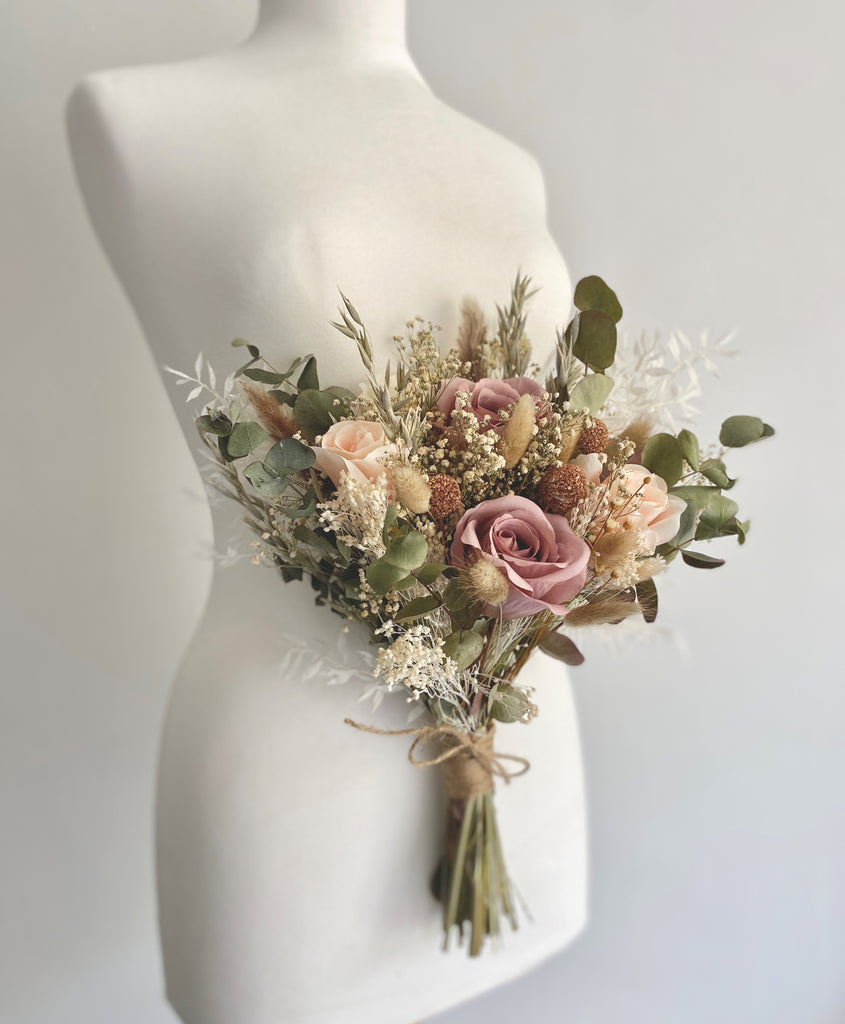 Dried flower bridal wedding blush vintage bouquet, gypsophilia, eucalyptus, palms, roses, pampas, ruscus