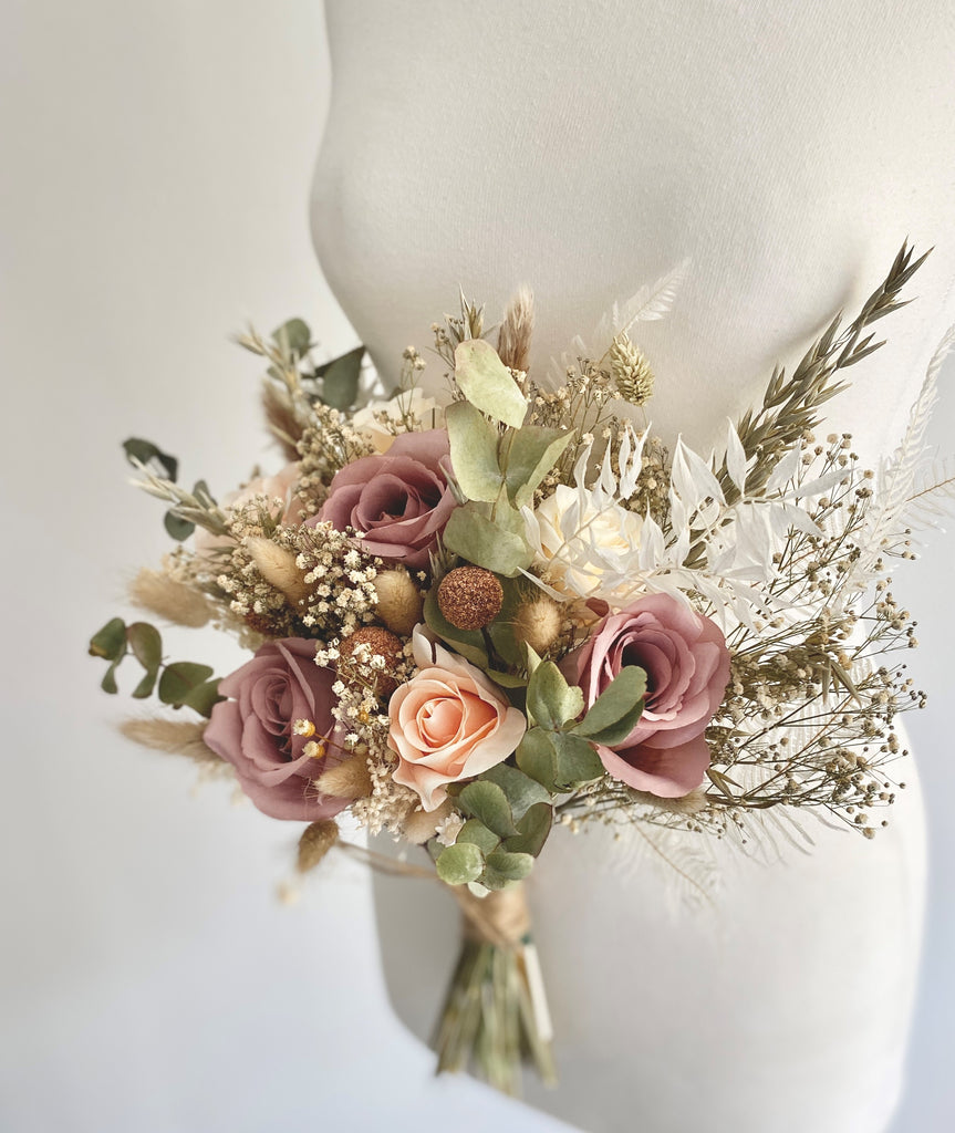 Dried flower bridal wedding blush vintage bridal bouquet, gypsophilia, eucalyptus, palms, roses, pampas, ruscus