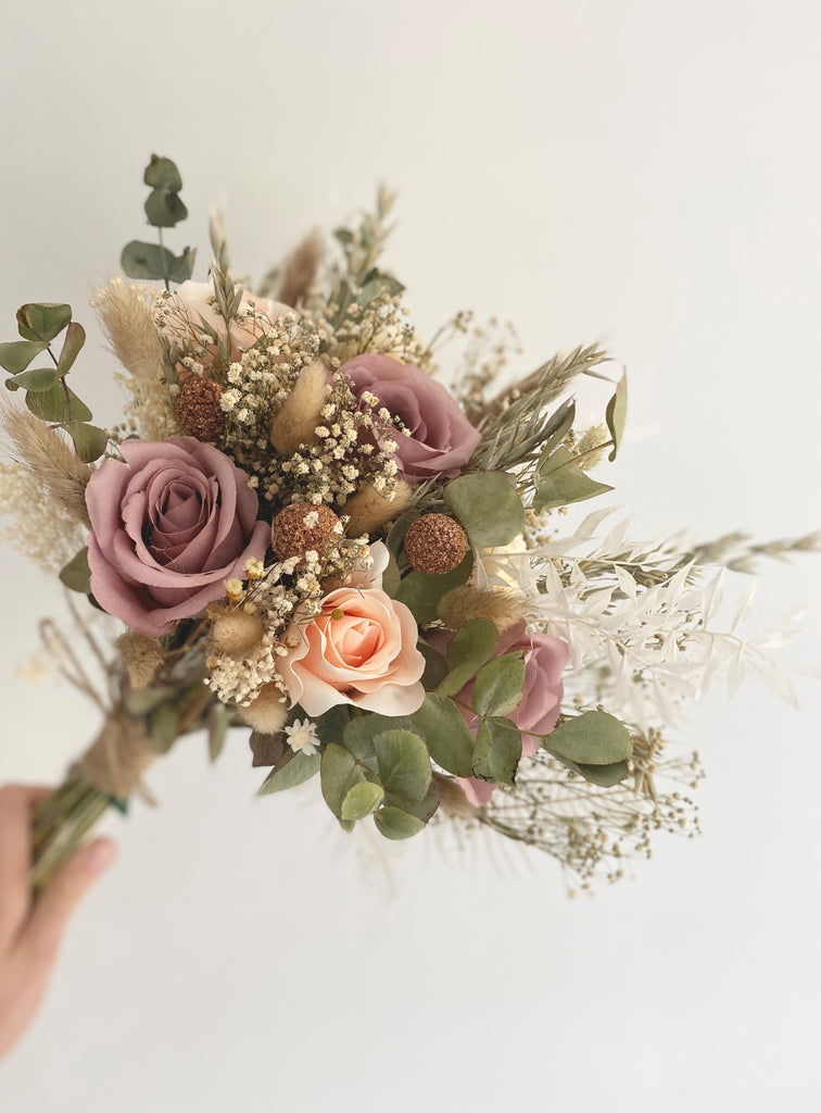 Dried flower bridal wedding blush vintage bridal bouquet, gypsophilia, eucalyptus, palms, roses, pampas, ruscus