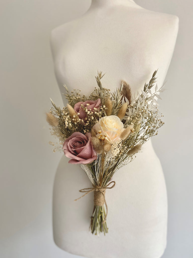 Dried flower bridesmaid wedding blush vintage style bouquet, gypsophilia, eucalyptus, roses, pampas, ruscus