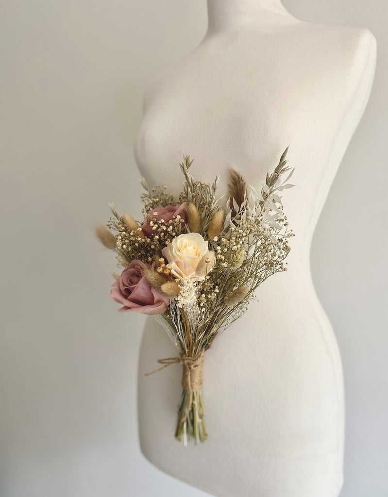 Dried flower bridesmaid wedding blush vintage style bouquet, gypsophilia, eucalyptus, roses, pampas, ruscus