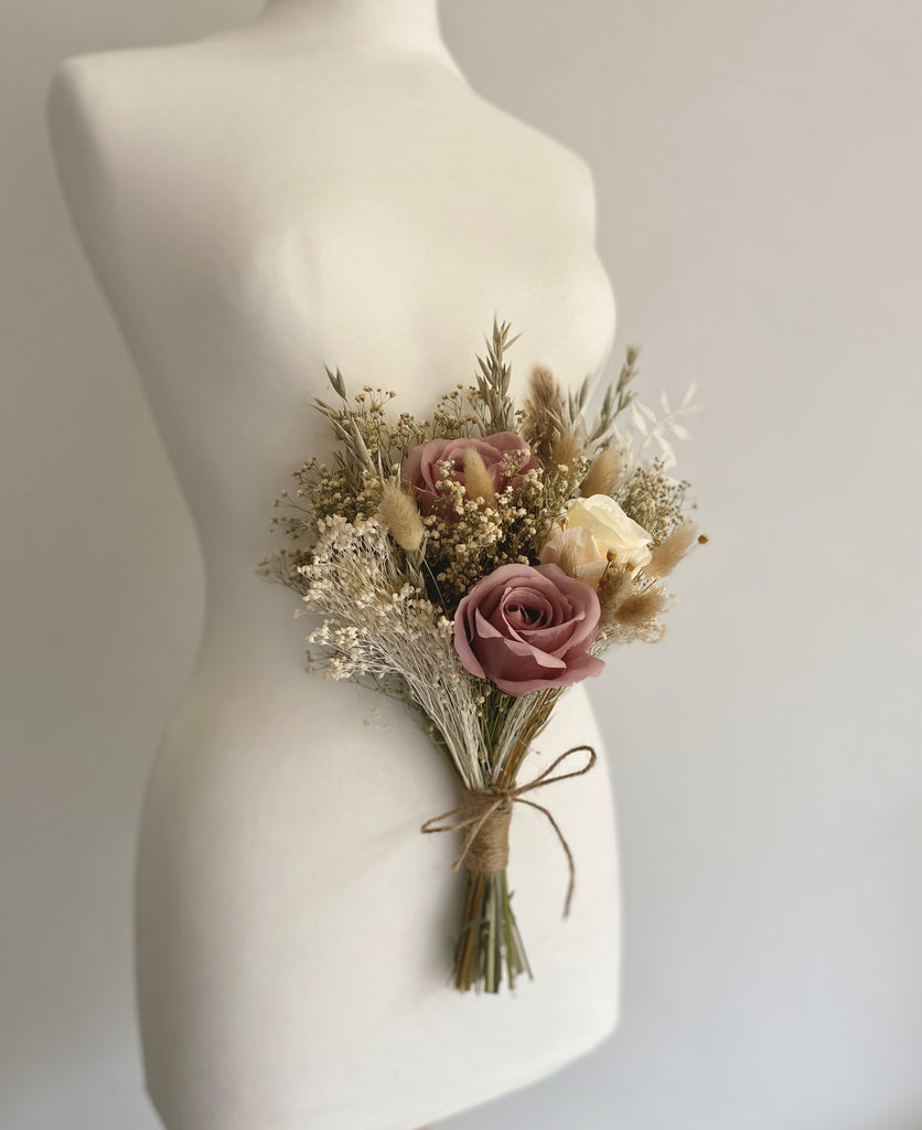 Dried flower bridesmaid wedding blush vintage style bouquet, gypsophilia, eucalyptus, roses, pampas, ruscus