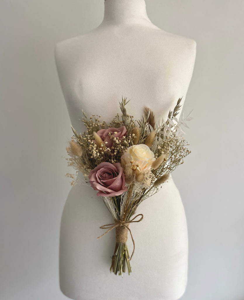 Dried flower bridesmaid wedding blush vintage style bouquet, gypsophilia, eucalyptus, roses, pampas, ruscus