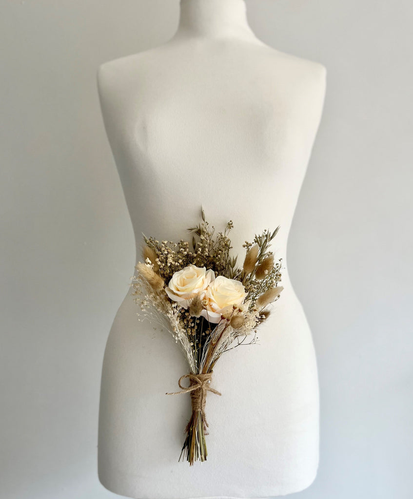 Vintage Rose Flower Girl Bouquet with pink silk roses, pampas, bunny tails, and white ruscus