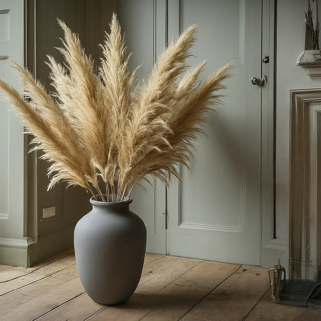 Dried pampas grass for home décor in a dark vase