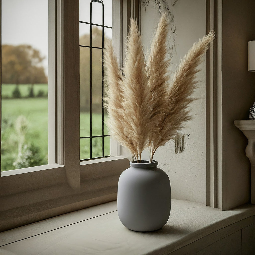 Dried pampas grass for home décor in a glass vase