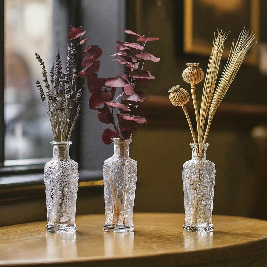 dried lavender, purple eucalyptus, poppy seed heads, wheat, pub cafe hotel restaurant table decor