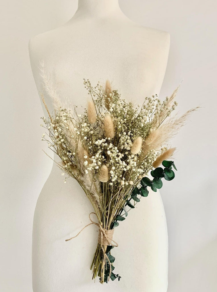 Dried flower bridesmaid wedding bouquet, gypsophilia, eucalyptus, pampas, ruscus, bunny tails - natural tone boho bridesmaid bouquet