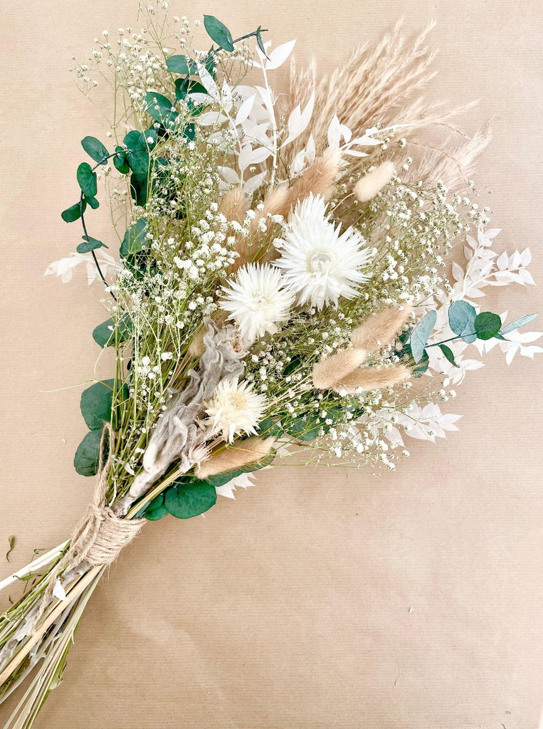 Dried Flower Bridal Bouquet - eucalyptus, bunny tails, ruscus, pampas, green, white, natural tones