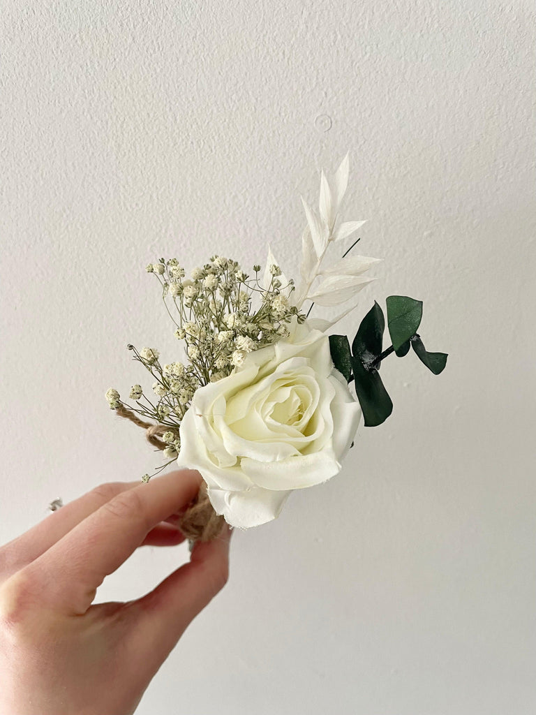 Dried Flower Buttonhole green white rose, eucalyptus, gypsophila