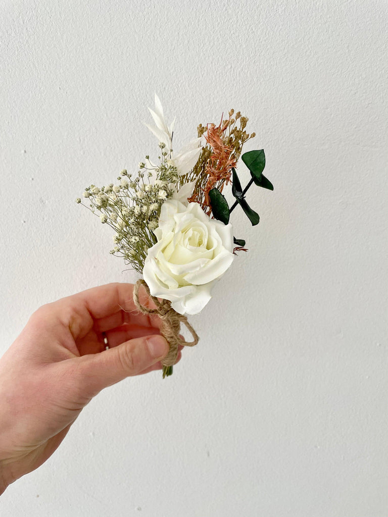 Dried Flower Buttonhole green white red burghandy, rose, eucalyptus, gypsophila, blush vintage style