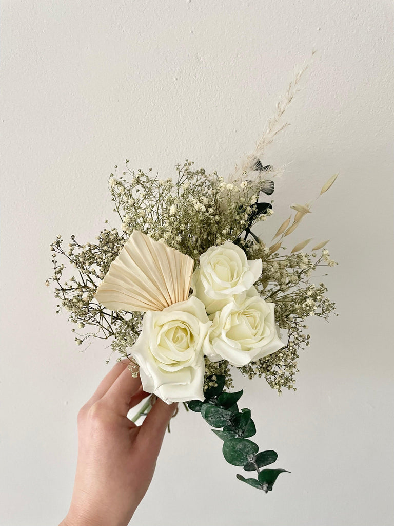 Dried flower girl wedding bouquet, gypsophilia, eucalyptus, palms, roses, pampas, ruscus - white green elegance flowergirl bouquet