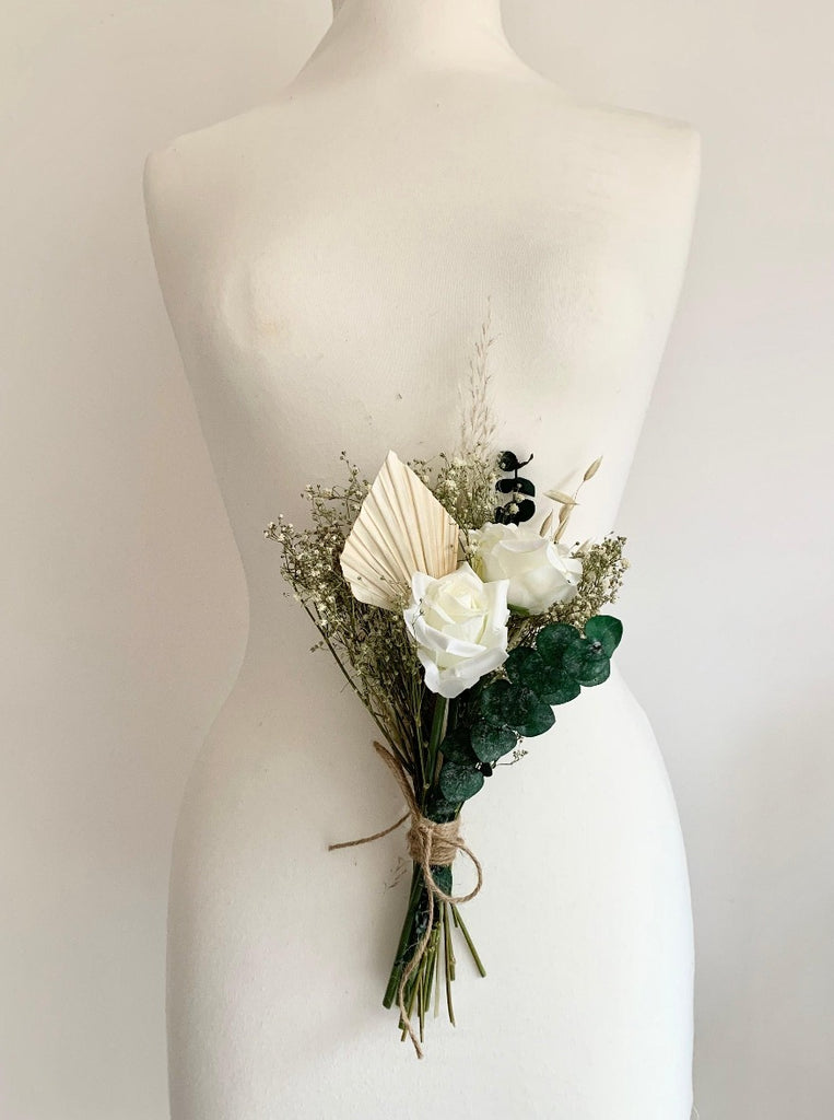 Dried flower girl wedding bouquet, gypsophilia, eucalyptus, palms, roses, pampas, ruscus - white green elegance flowergirl bouquet