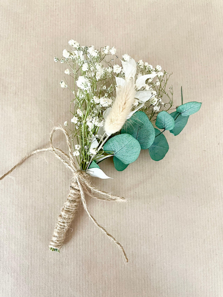 Wedding Buttonholes (15cm gypsophila eucalyptus ruscus & bunny tails) - Desert Dreams Dried Flowers
